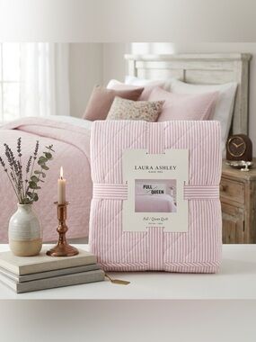 Laura Ashley Pink and White Oxford Striped Queen Quilt ~ NWT